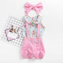 Shein Girls Baby Floral Print Top & Overalls Set With Headband