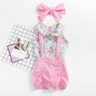 Shein Girls Baby Floral Print Top & Overalls Set With Headband