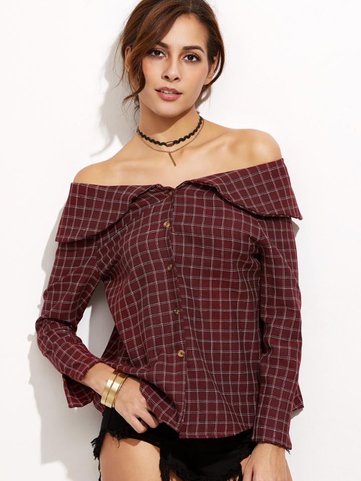Shein Burgundy Off The Shoulder Plaid Top