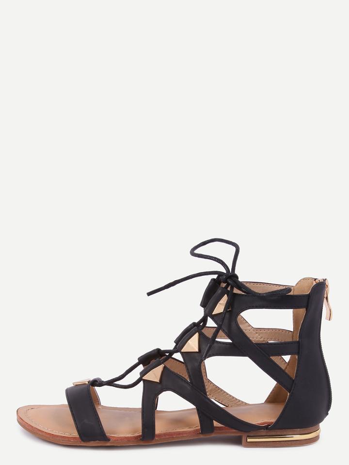 Shein Black Lace Up Studded Zipper Sandals