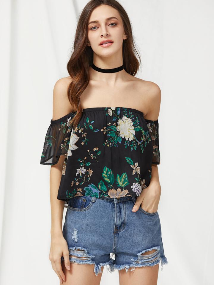 Shein Flower Print Flowy Bardot Top
