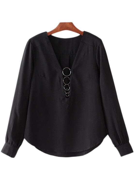 Shein Black Deep V Neck Metal Circles Long Sleeve Blouse