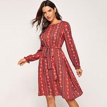 Shein Tribal Print Ruffle Cuff Belted Dress