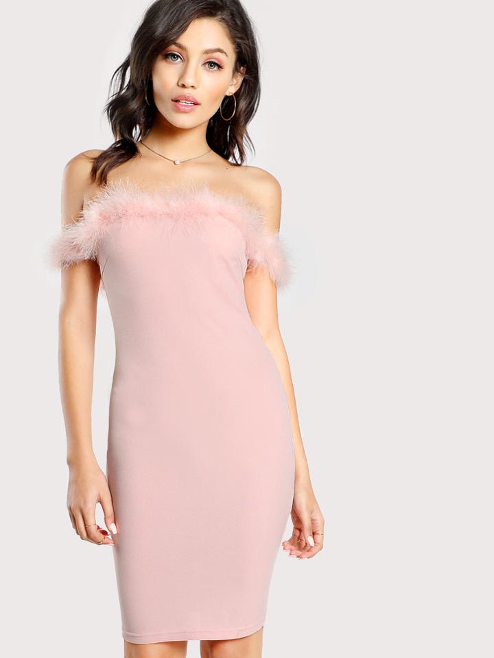 Shein Faux Fur Detail Off Shoulder Dress