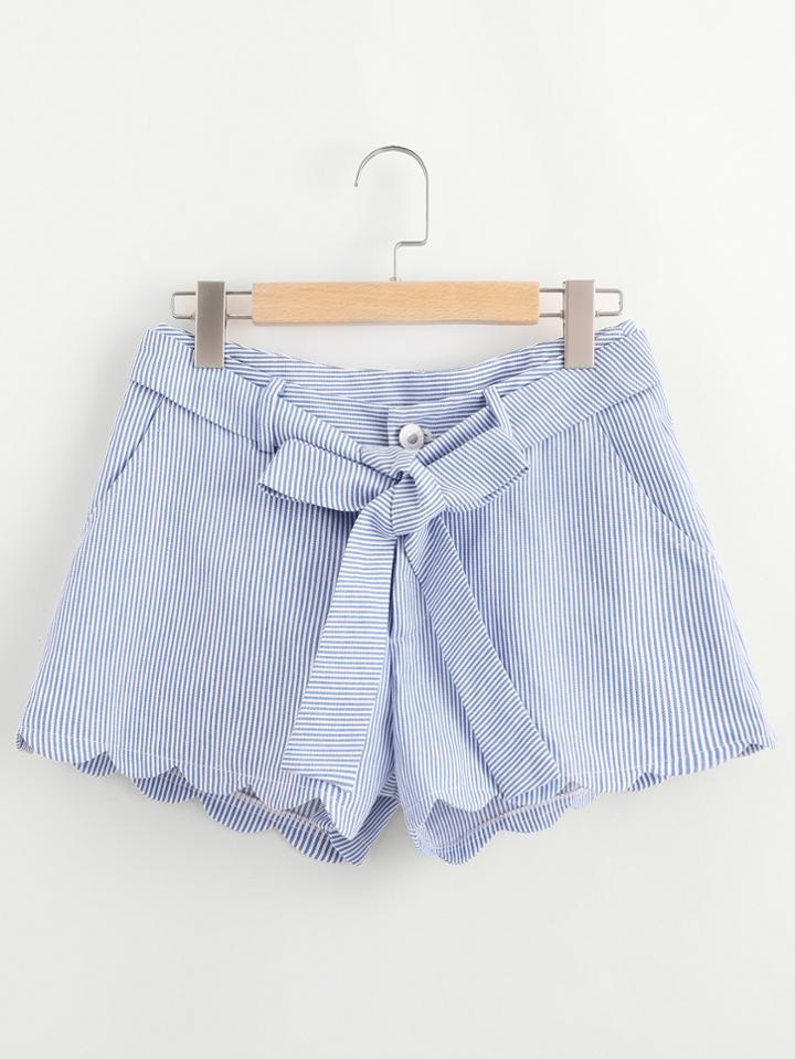 Shein Scallop Edge Self Belt Striped Shorts