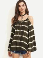 Shein Army Green Cold Shoulder Tie Dye Lace Up Top