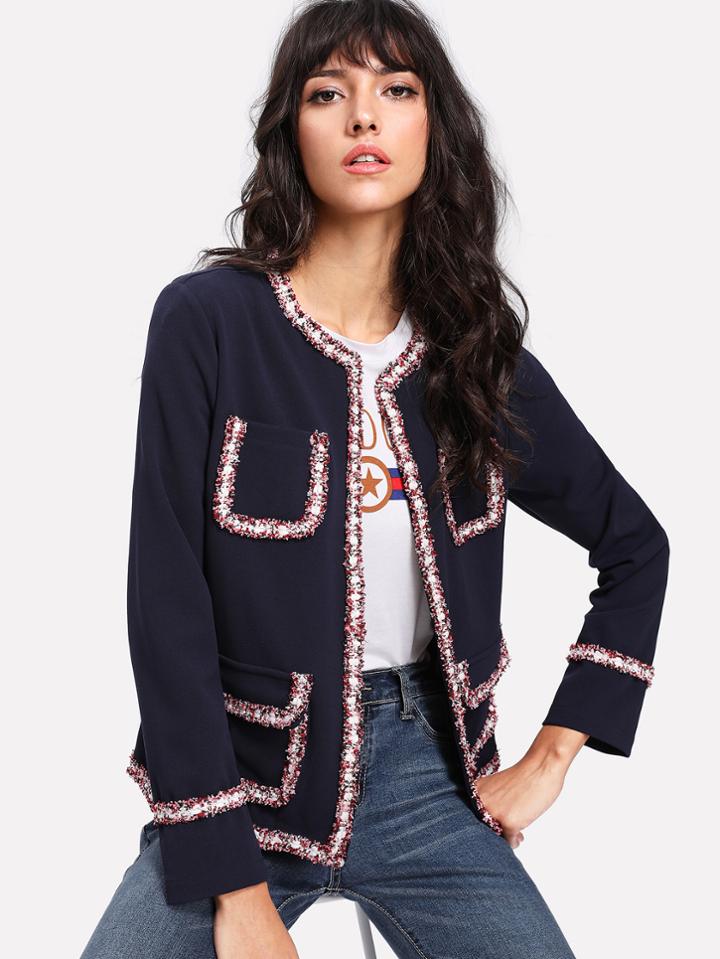 Shein Contrast Frayed Trim Pocket Front Blazer