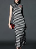 Shein Black Striped Embroidered Sheath Dress