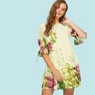 Shein Drawstring Bell Sleeve Botanical Dress