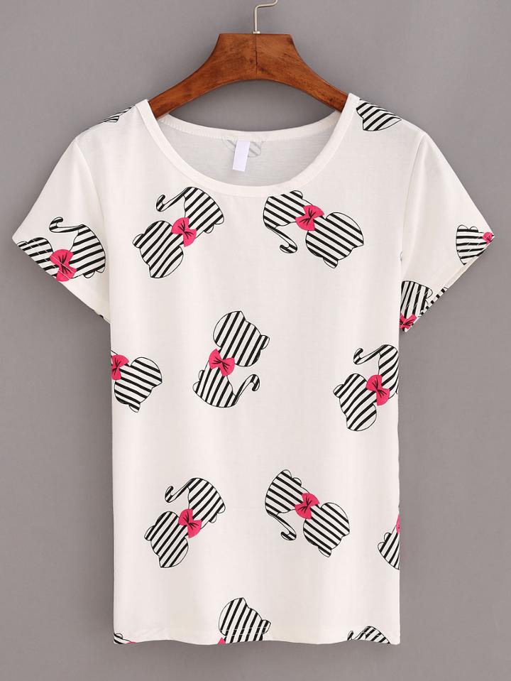 Shein Cat Print T-shirt - White
