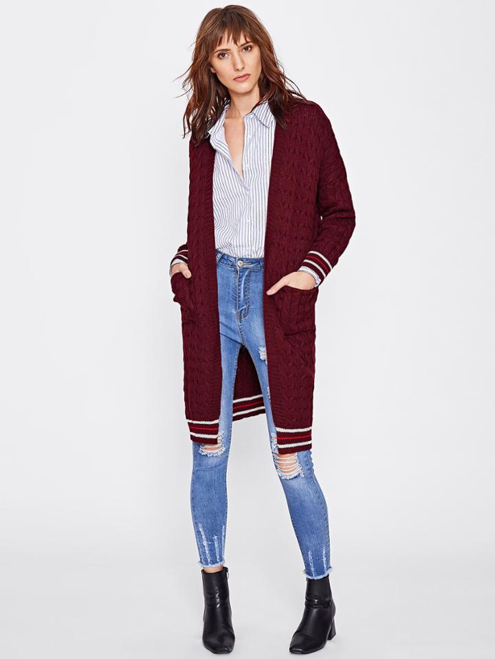 Shein Drop Shoulder Striped Trim Cable Knit Sweater