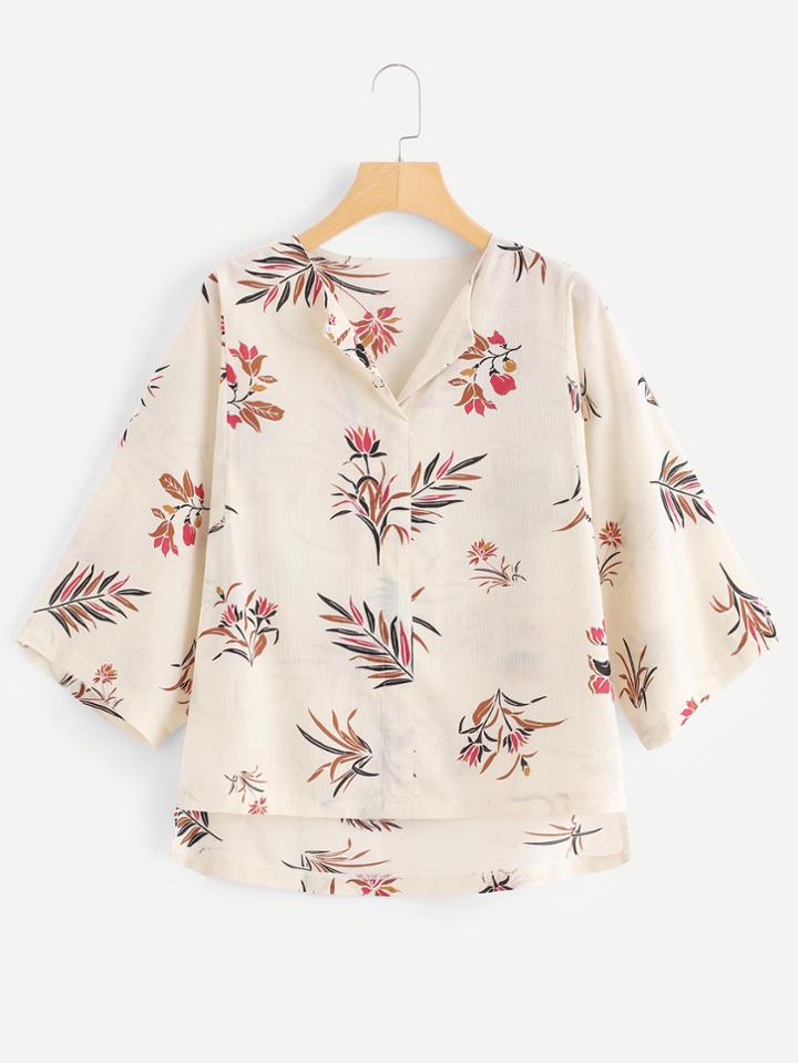 Shein Leaf Print High Low Blouse