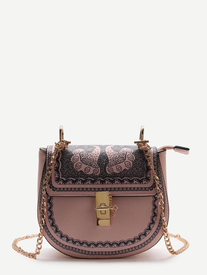 Shein Pink Printed Saddle Bag With Chain