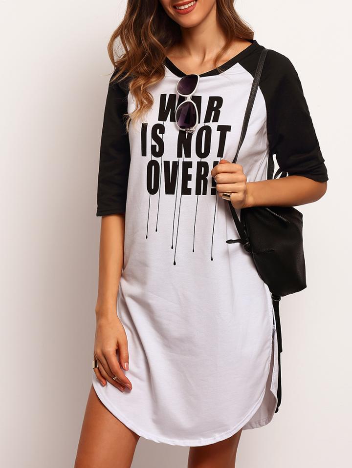 Shein Colour-block Crew Neck Letters Print Dress