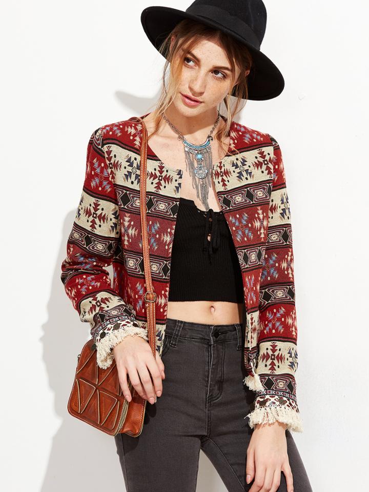 Shein Multicolor Tribal Pattern Fringe Trim Blazer