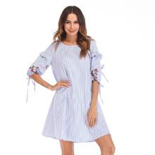 Shein Floral Embroidered Tie Detail Stripe Dress
