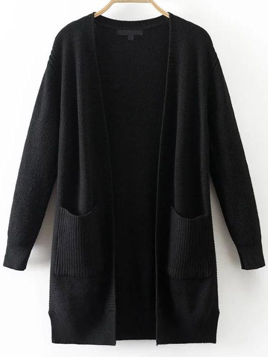 Shein Black Ribbed Detail Side Slit Cardigan With Pocket