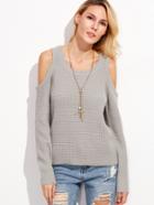 Shein Grey Waffle Knit Cold Shoulder Sweater
