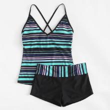 Shein Criss Cross Striped Tankini Set