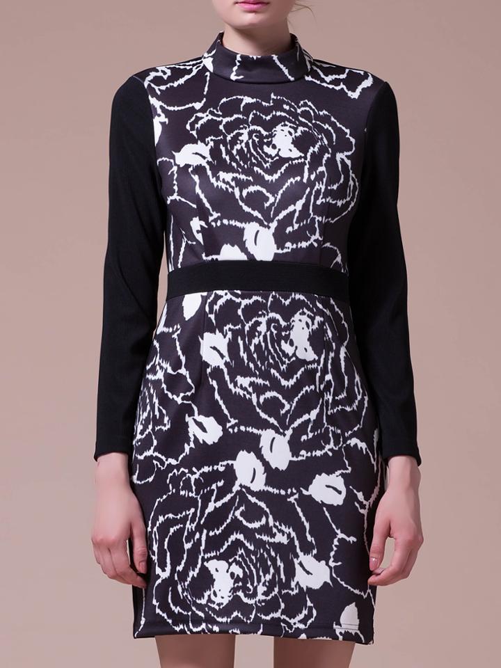 Shein Black Elastic Waist Print Sheath Dress