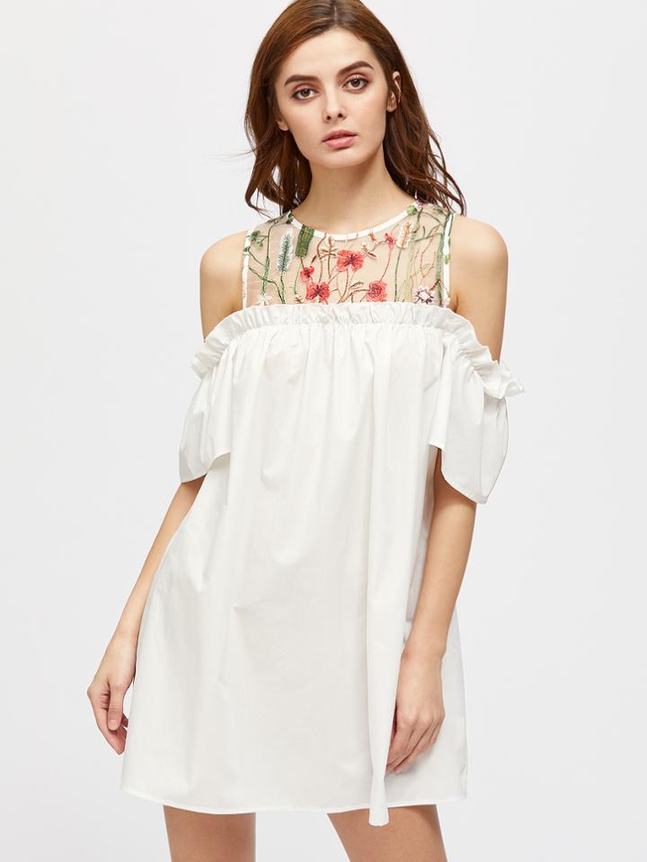 Shein Embroidered Mesh Yoke Open Shoulder Frill Dress