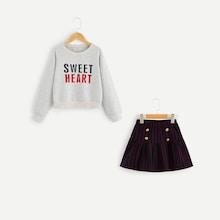 Shein Girls Letter Print Pullover & Striped Skirt Set