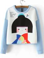 Shein Blue Color Block Girl Print Sweatshirt