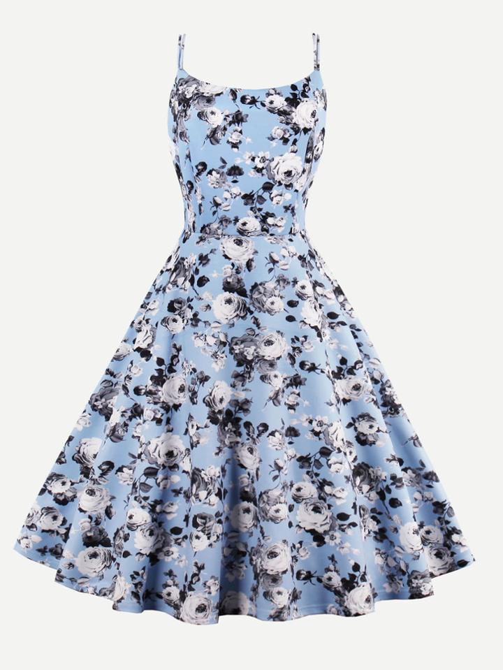 Shein Allover Rose Print Double Strap Circle Dress