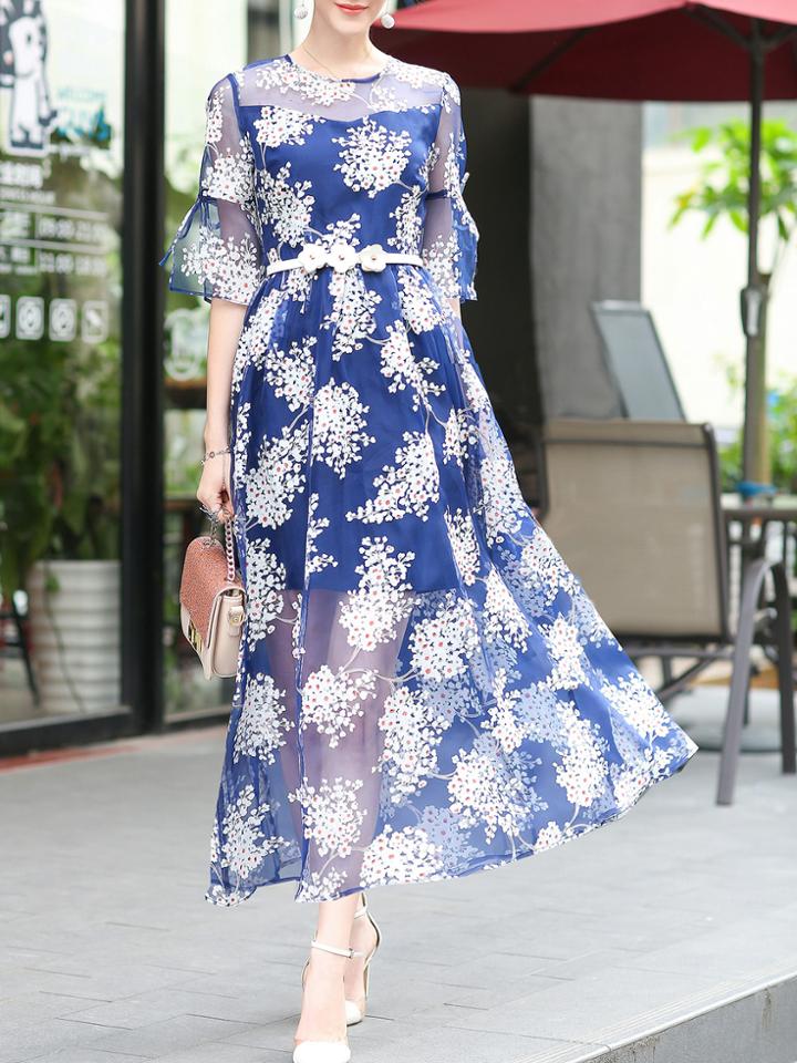 Shein Bell Sleeve Flowers Print Sheer Dress