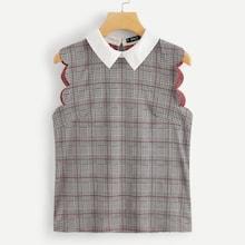 Shein Scallop Trim Contrast Collar Plaid Top