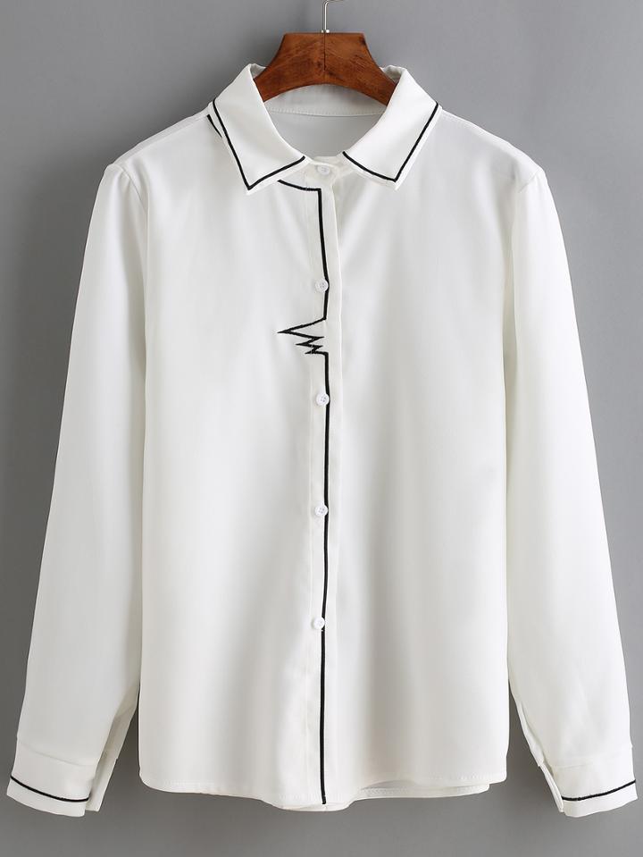 Shein White Embroidered Slim Blouse