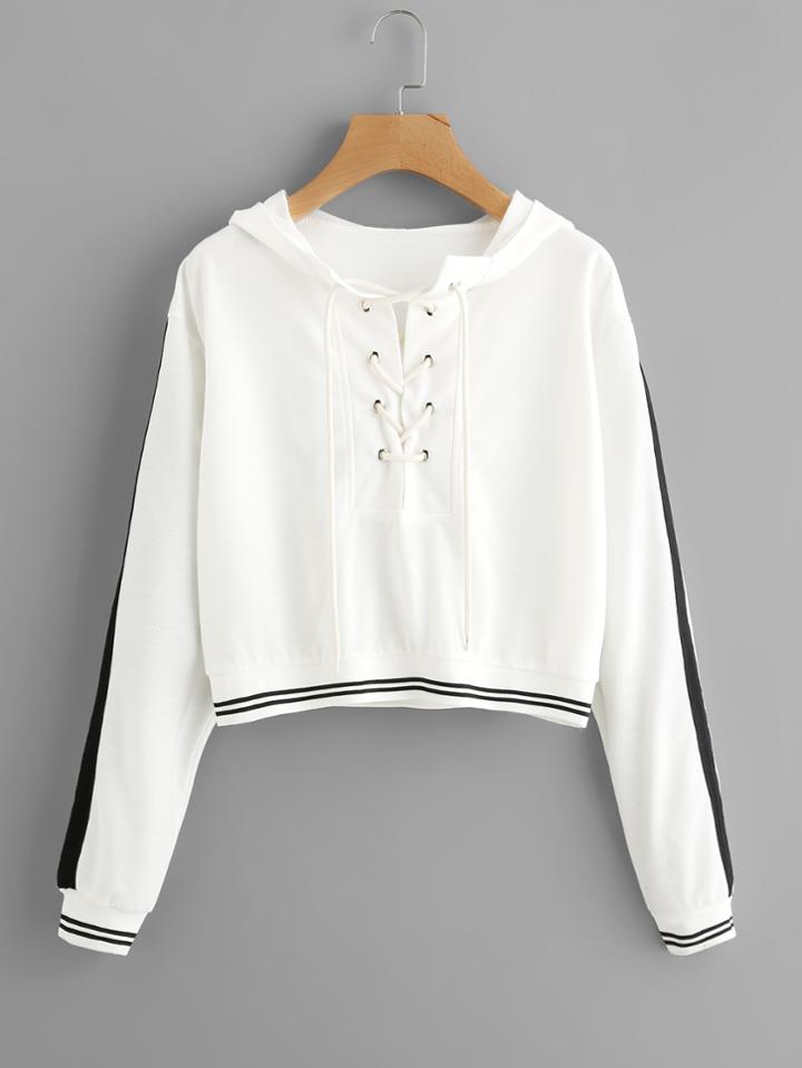 Shein Eyelet Lace Up Stripe Trim Hoodie