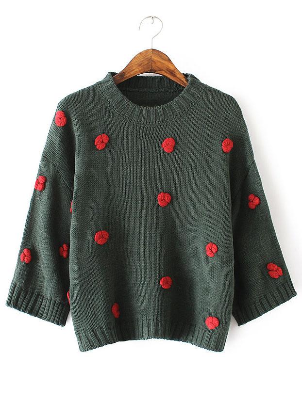 Shein Dark Green Flower Embellished Drop Shoulder Sweater