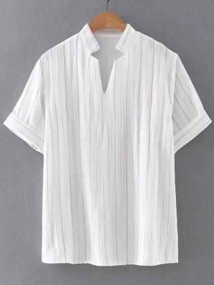 Shein Apricot V Neck Rolled Cuff Striped Blouse