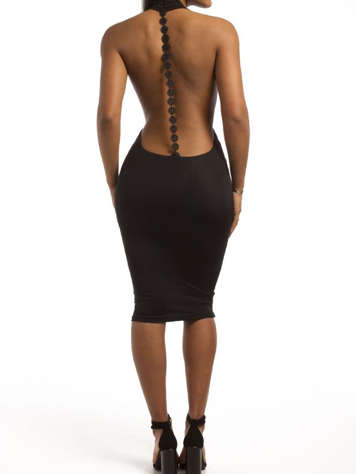Shein Black Tying Halter Deep V Neck Bodycon Wiggle Dress