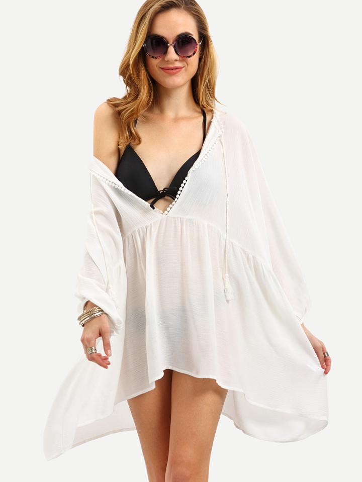 Shein White Three Quarter Sleeve Tassel Loose Blouse