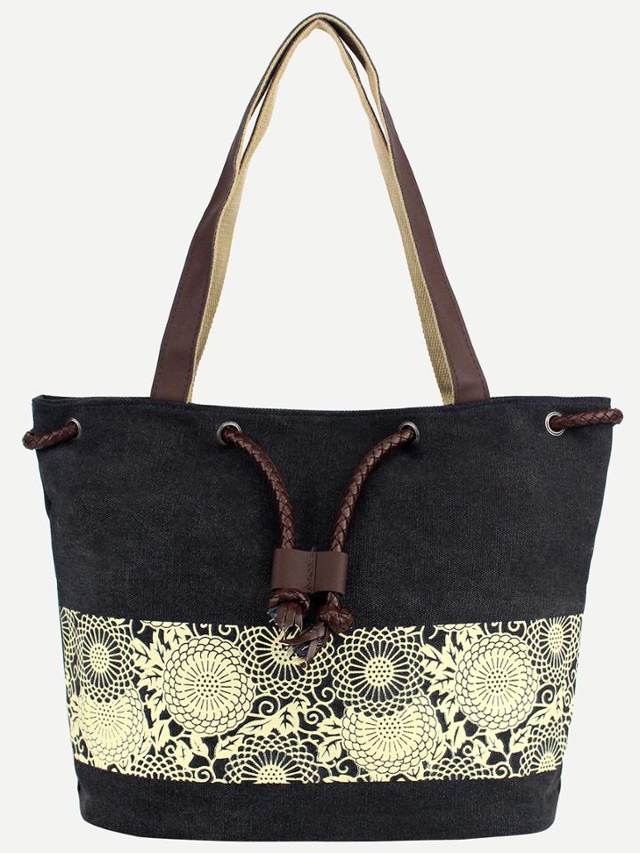 Shein Black Printed Braided Drawstring Canvas Tote Bag