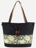 Shein Black Printed Braided Drawstring Canvas Tote Bag