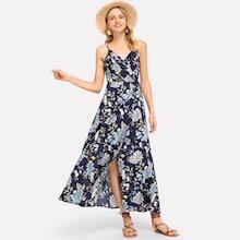 Shein Lace Up Back Floral Ruffle Dress