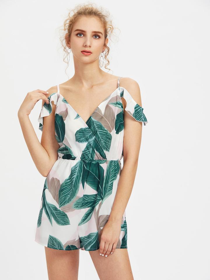 Shein Plunging V-neckline Ruffle Trim Playsuit