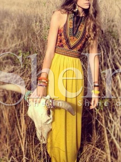 Shein Golden Sleeveless Vintage Print Maxi Dress