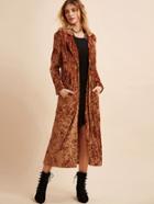 Shein Brown One Button Front Longline Crushed Velvet Coat