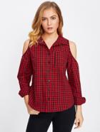 Shein Open Shoulder Pocket Curved Hem Gingham Shirt