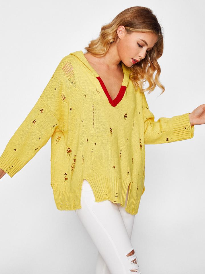 Shein Drop Shoulder Slit Side Distressed Hooded Sweater
