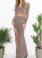 Rosewe Khaki Crop Top And Side Slit Maxi Skirt