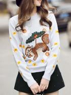 Shein White Squirrel Embroidered Sweater