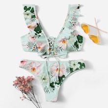 Shein Lace-up Ruffle Random Floral Bikini Set