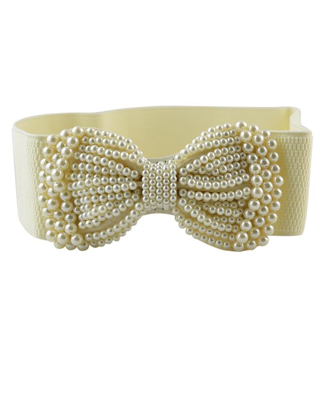 Shein White Pu Leather Imitation Pearl Bow Shape Wide Fashion Waist Belt