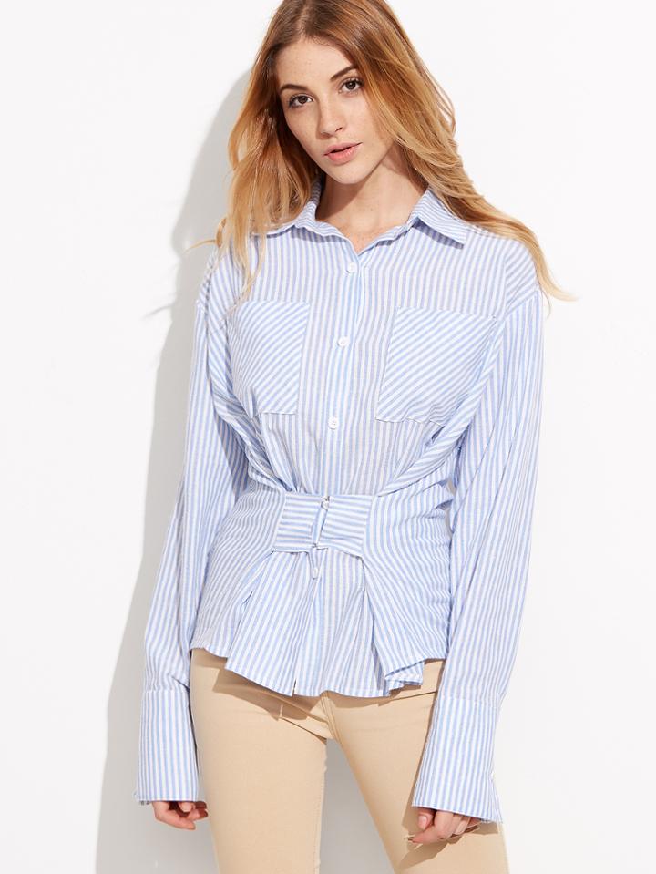 Shein Blue Vertical Striped Shirt With Hook And Eye Detail