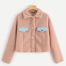 Shein Button & Pocket Collar Teddy Jacket